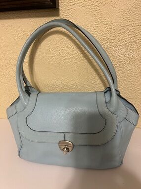 Pebbled Light Blue Leather Shoulder Bag with Turn-Lock Closure